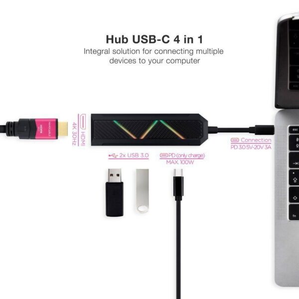 Docking USB-C 4 en 1 con HDMI 4K, Carga Rápida y 2 Puertos USB
