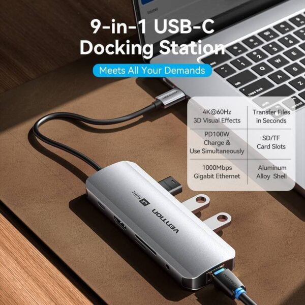 Docking USB Tipo-C Vention TQLHB/ 1xHDMI 4K/ 3xUSB/ 1xUSB Tipo-C PD/ 1xRJ45/ 1xJack 3.5mm/ 1xLector de Tarjetas/ Gris